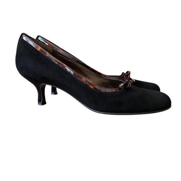 Stuart Weitzman Black Suede Tortoise Trim Bow Tie Kitten Heel in Size 8.5N - Picture 1 of 9
